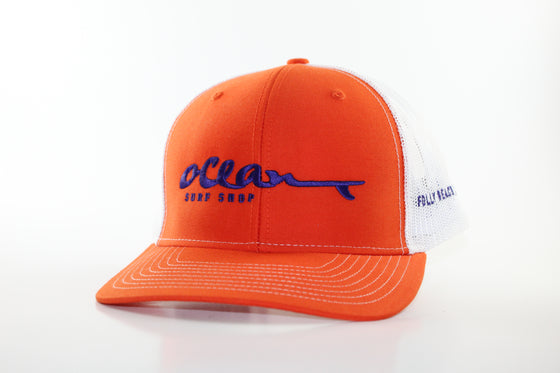 RICHARDSON 112 WITH “OCEAN SURF SHOP” (Orange with purple embroidery. White trucker vent) HAT